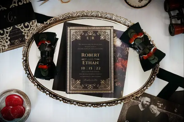 Vintage black and gold invites