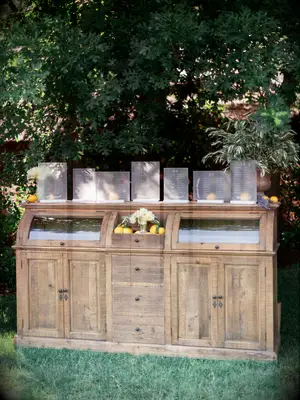 Seating chart displayed on top of wood hutch