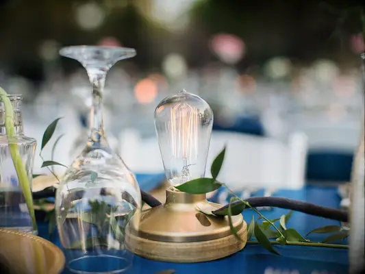 Vintage Edison lightbulb at family-style tables at wedding. 
