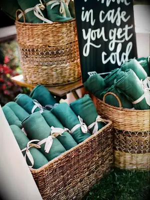 Wedding decor DIY blanket display.