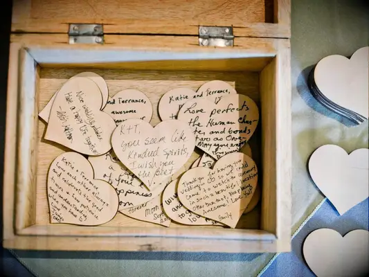 DIY wedding decoration idea of wood heart guest book.