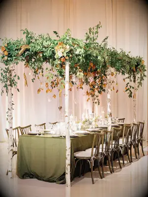rustic wedding tablescape with birch. branch canopy and green and brown fall foliage hanging above the table