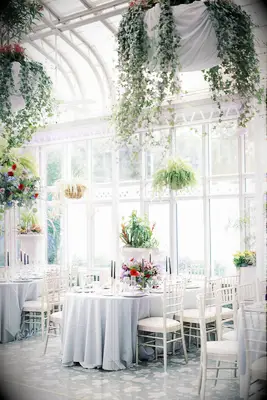 wedding reception at greenhouse venue with potted fern hanging baskets above the banquet tables