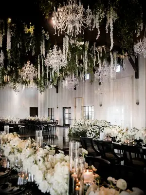 Crystal Chandeliers and White Flower Hanging Decor