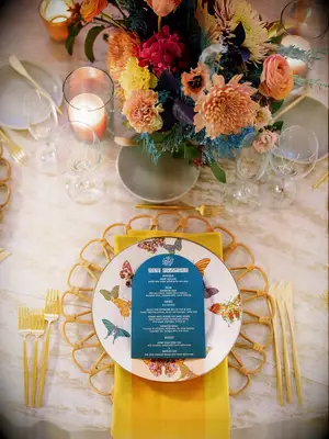 Yellow and blue decor at wedding reception