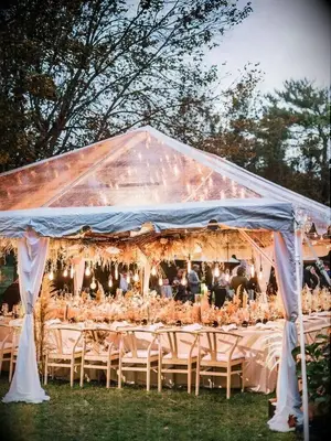 Outdoor marquee wedding reception with pampas grass and Edison bulbs