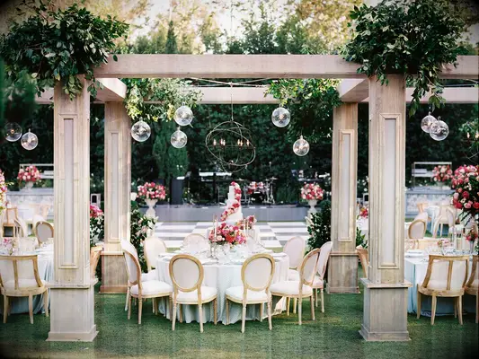 Pink and gold decor at wedding reception