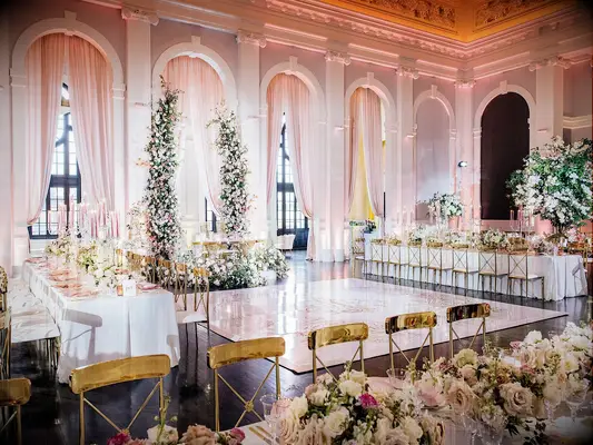 Pink ballroom wedding reception