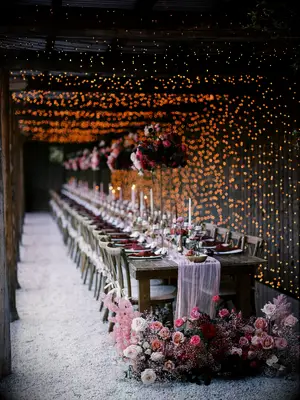 Wedding reception decorations in shades of pink