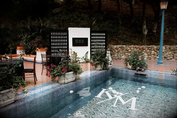 Stylish pool decor at wedding reception