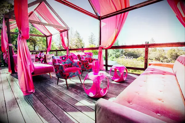 Pink lounge area at wedding reception
