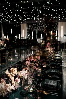 Dramatic twinkle lights at wedding reception