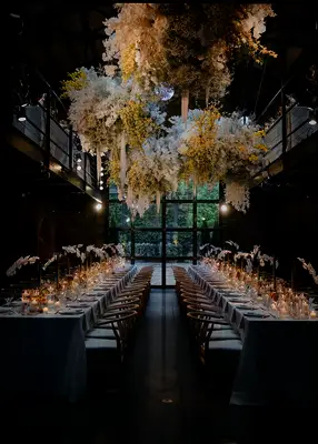 Hanging floral decor at wedding reception