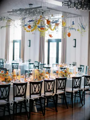 Hanging floral decorations at wedding reception