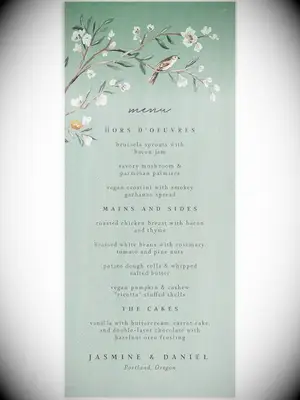 Branch with white flowers and bird above menu items in black minimalist type on green background