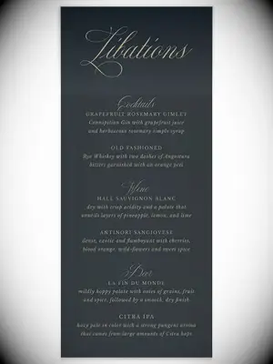 Elegant yellow script with drink items sectioned off 