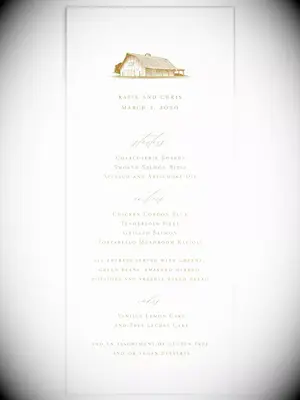 Farmhouse graphic above menu items in elegant brown type on white background
