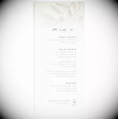 Light gray botanical floral detail on white background with menu items in minimalist black type