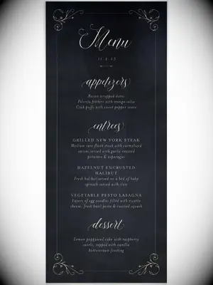 Gilded white border and menu items in white script on navy background