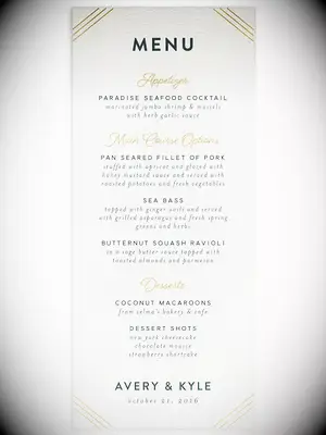 Art Deco design with gold lines and loopy gold script, sans-serif blue type