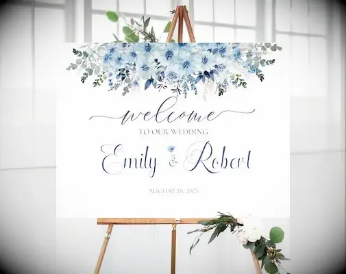 Blue floral wedding welcome sign