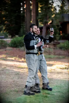 Groomsmen Dressed in Fly Fishing Outfits Giving Wedding Toast