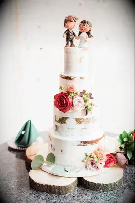 Rustic Semi-Naked Cake with Wood Stand, Flowers and Personalized Topper