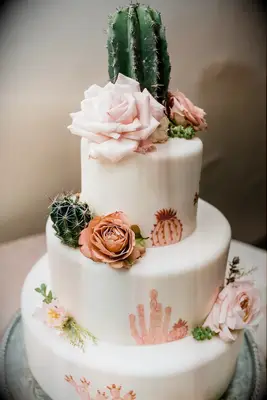 Modern Fondant Wedding Cake with Flowers and Cacti