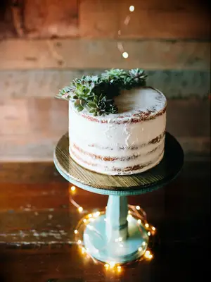 Single-tier semi-naked rustic cutting cake with fairy lights twisted around cake stand