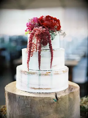 Rustic semi-naked three-tier wedding cake with crimson flowers