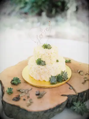 Two-tier rustic wedding cake with yellow rosette frosting, green succulents and rose gold wire caketopper