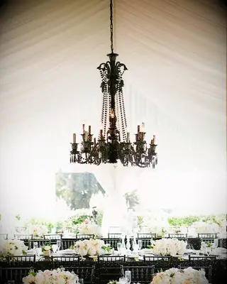 Black chandelier at a Halloween wedding