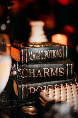 Spell book centerpieces at a Halloween wedding