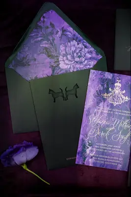 Purple and black Halloween wedding invitations