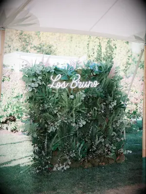 Boho greenery wall with custom neon sign