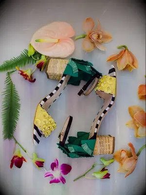 Yellow, tan and green summery block heels