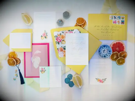 A Summertime, Amalfi-Coast-Inspired Invitation Suite With Bright Colors, Citrus