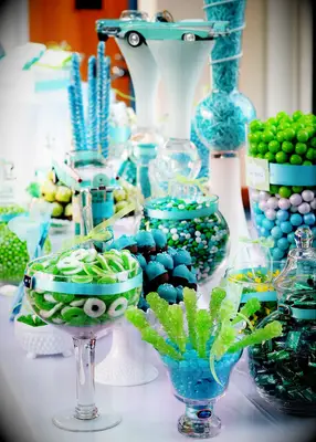 Blue and green candy bar at wedding reception