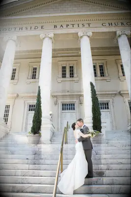 Pair of Arborvitae Trees on Church Staircase wedding decorations