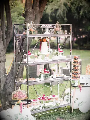 dessert buffet with metallic silver shelf