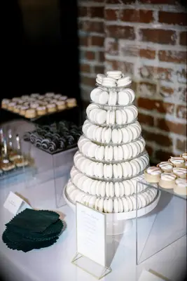Modern Monochrome Wedding Dessert Display with Macaron Tower