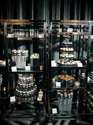 Sleek Crystal and Chrome Shelf Wedding Dessert Bar Display