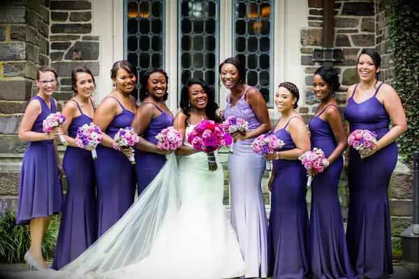 Bridal party with Pink and Purple Bouquets