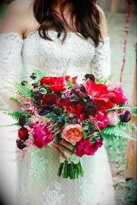 Jewel Tone Bouquet of Peonies, Scabiosa, Ranunculus and Ferns