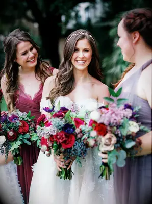 Romantic Bride and Bridesmaids with Jewel-Tone Bouquets and Dresses
