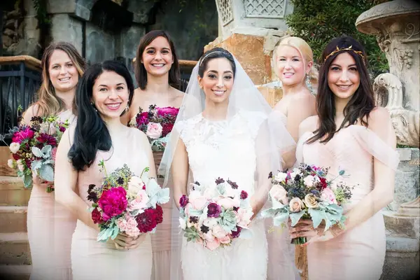 Pink Amsale Bridesmaids Dresses with Jewel-Toned Bouquets