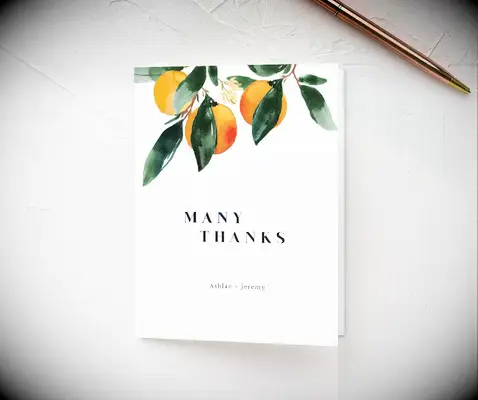 Tartarusfarms wedding thank you card with orange fruit imagery and many thanks wording