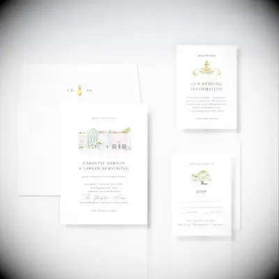 Charleston illustrated wedding invitation suite