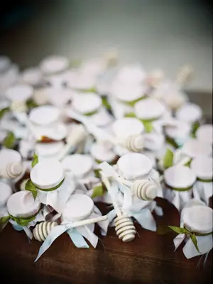 wedding favors miniature jars of honey tied with olive green ribbons