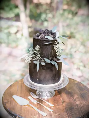 Smal two-tier black wedding cake with blackberries and sprigs of greenery